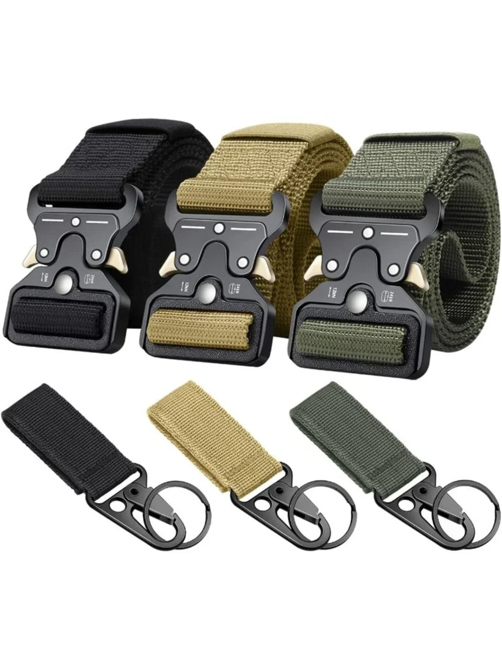 Tactical Military Style Belts for Men - 3-Pack, Quick-Release Buckle & Key Ring